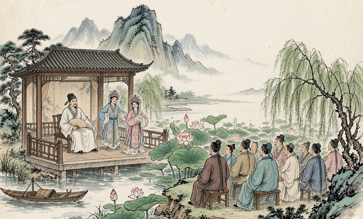 杜慎卿故事插图：莫愁湖湖亭梨园大会
