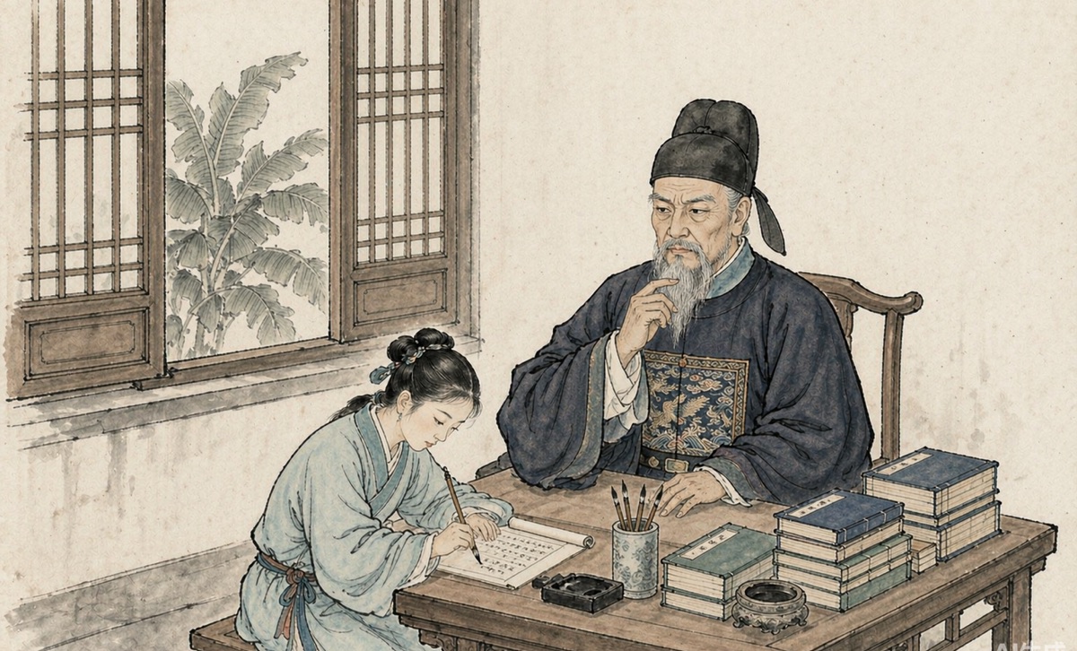 鲁编修故事插图：督促独女日日研作八股